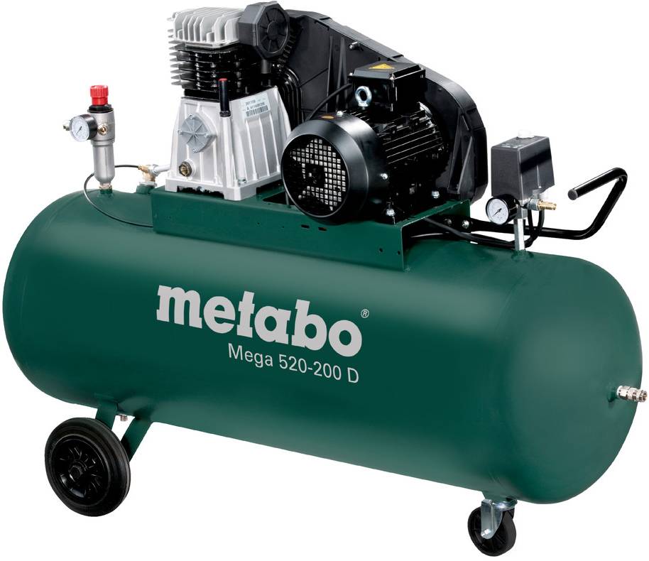 Tragbarer Metabo-Kompressor auf einem grünen Tank mit Rädern, gekennzeichnet mit 