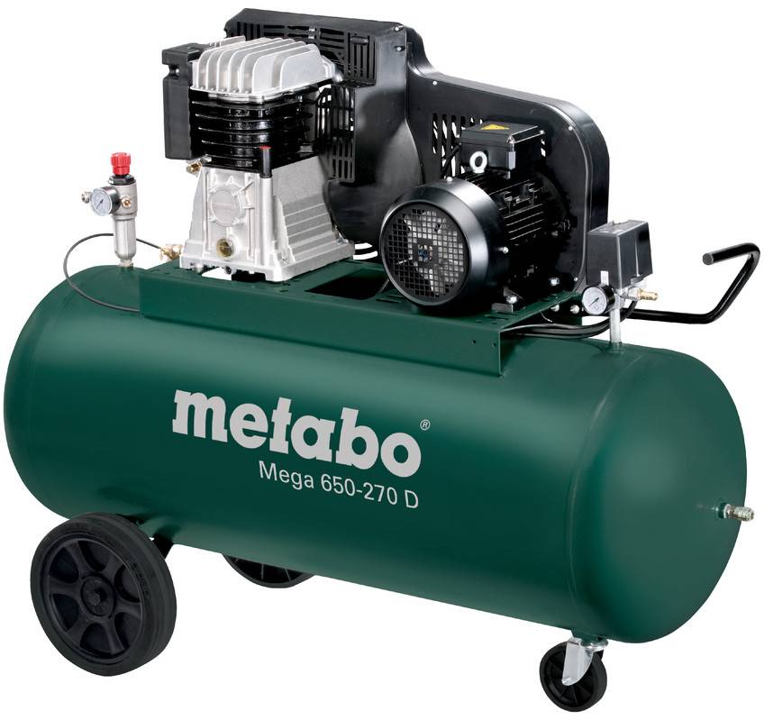 Tragbarer Metabo Mega 650-270 D Luftkompressor mit grünem Tank, Motoreinheit, Rädern und Griff auf weißem Hintergrund.
