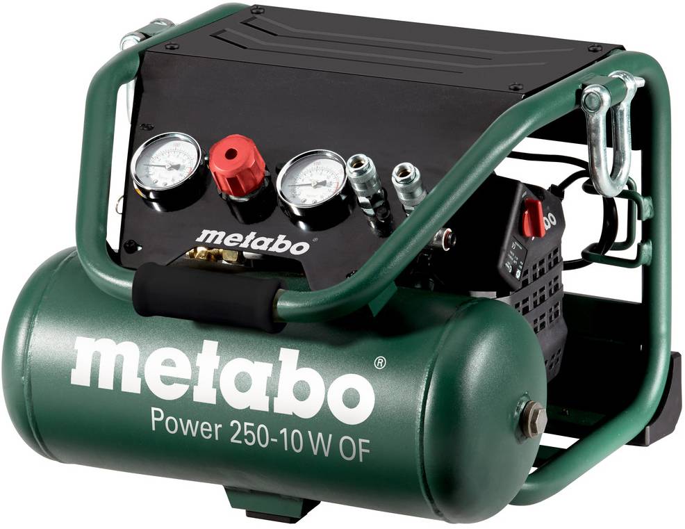 Tragbarer Metabo Luftkompressor mit grünem Tank, Manometern, rotem Druckregler und Griffrahmen auf weißem Hintergrund.