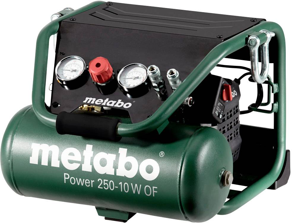 Ein tragbarer grüner Kompressor mit zwei Druckanzeigen und roten Ventilen, beschriftet mit 'metabo Power 250-10 W OF'.