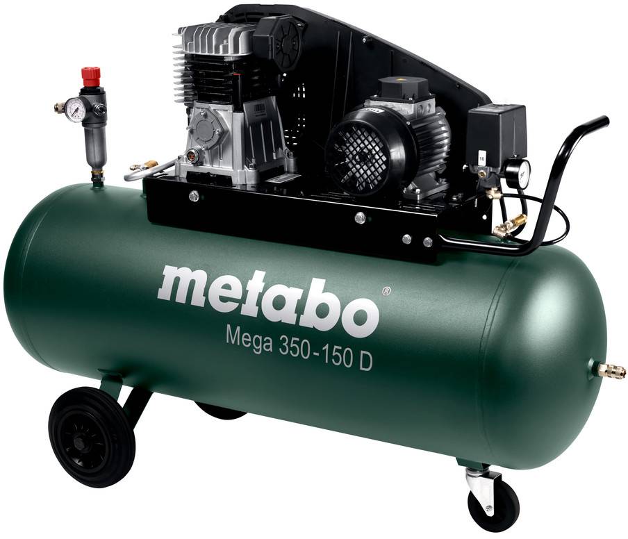 Grüner tragbarer Luftkompressor Metabo Mega 350-150 D mit Tank, Rädern, Motor, Druckmesser und Griff.