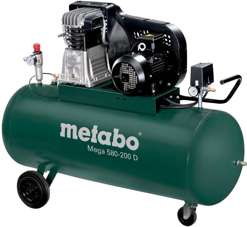 Grüner tragbarer Luftkompressor Metabo Mega 580-200 D mit Motor, Druckmesser, Rädern und Tank.