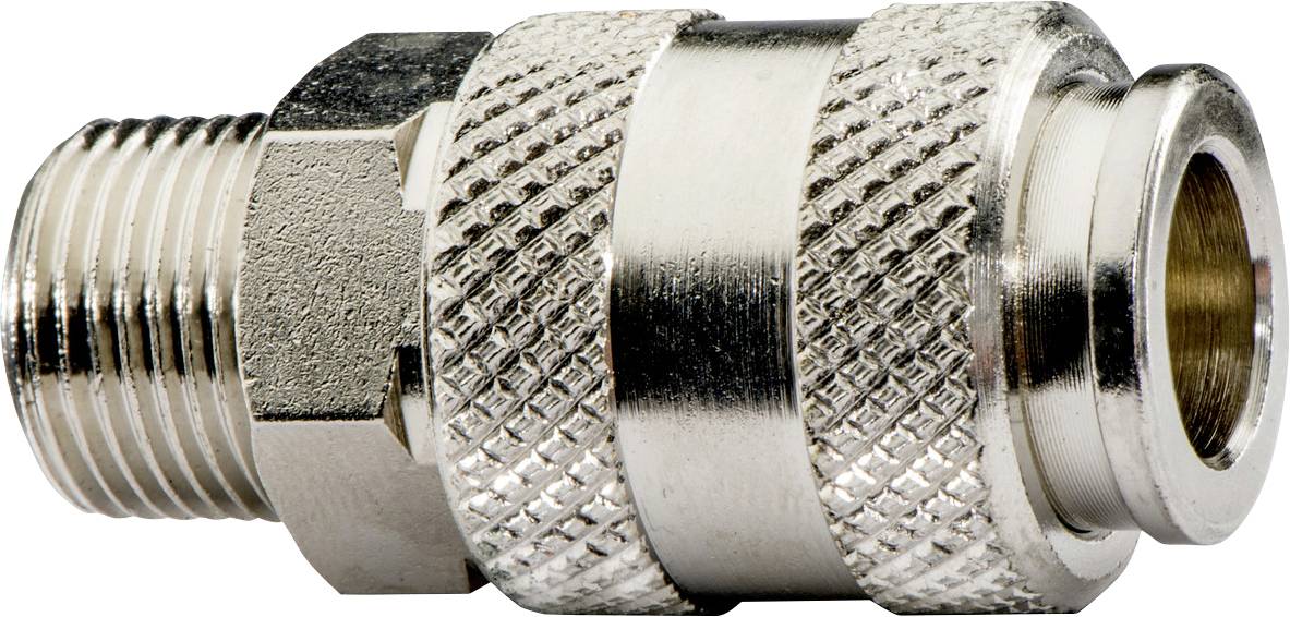 Nahaufnahme eines Metall-Pneumatik-Schnellverbindungskupplers mit Gewinde-Stecknabe und gerilltem Griff.