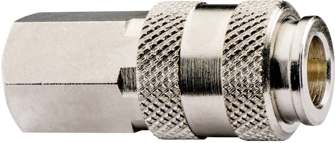 Eine metallische Schnellverschlusskupplung mit gerändelter Oberfläche und zylindrischem Design für Druckluftanwendungen.