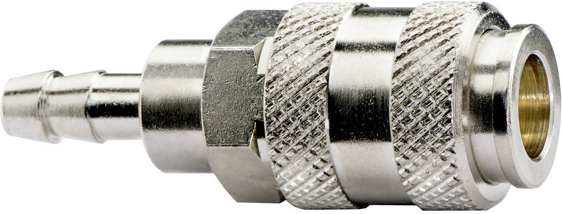 Nahaufnahme einer Metall-Schnellkupplung für Schläuche mit gerillter Verschlusshülse und männlichem Steckerende.