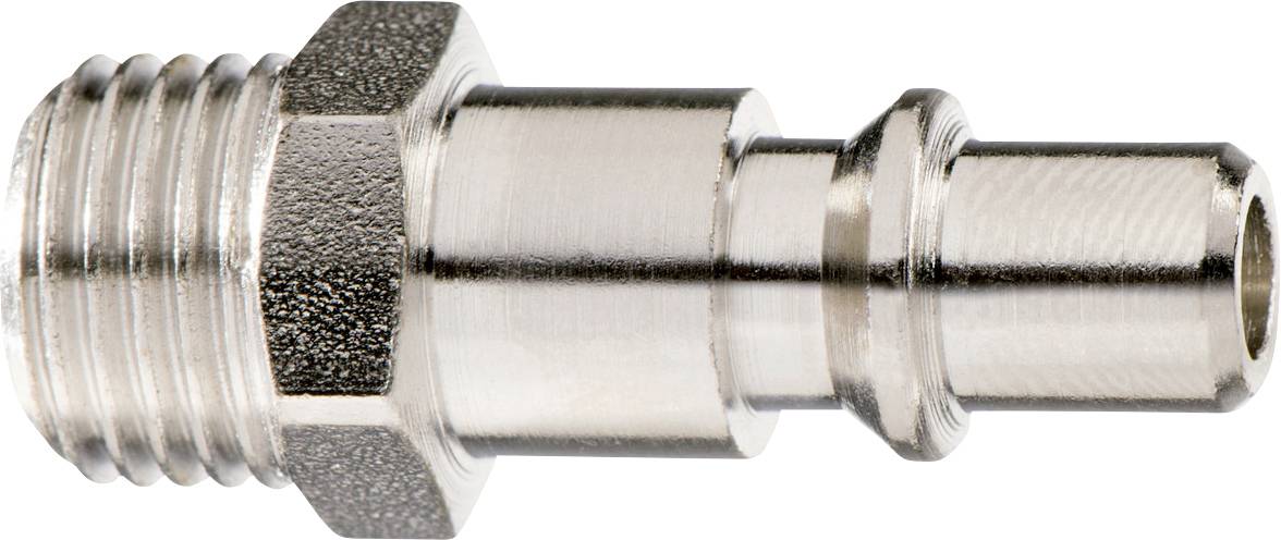 Metallischer pneumatischer Schnellverbinder-Stecker mit Gewindeende und Sechskantmutter, in Seitenansicht auf weißem Hintergrund dargestellt.