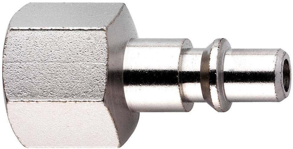 Nahaufnahme einer Metallschlauchverschraubung mit sechskantiger Mutter und glatter zylindrischer Verbindungsstelle auf weißem Hintergrund.