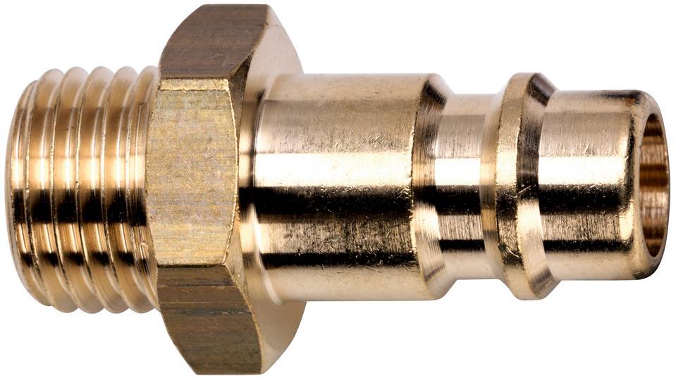 Pneumatisches Schnellverbindungs-Messingfitting mit Gewindeanschluss und Sechskantmutter für männliche Anwendung, auf weißem Hintergrund dargestellt.