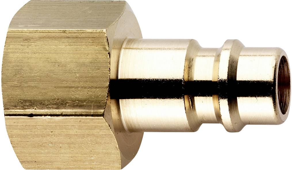 Messingadapter mit sechseckigem Anschluss links und geripptem Zylinder rechts. Verwendet für Rohrverbindungen.