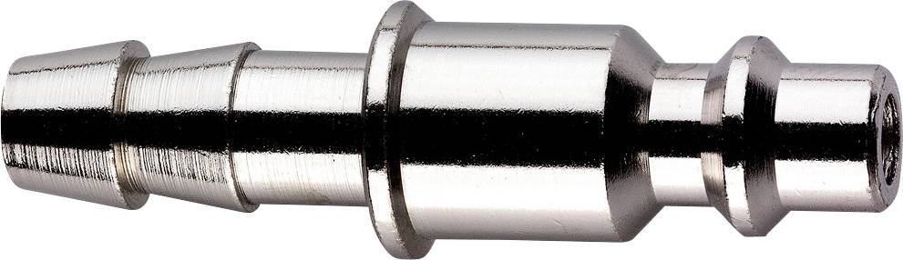 Metallischer zylindrischer Steckverbinder mit Absätzen, mehreren Rippen und einem Flansch, dargestellt auf weißem Hintergrund.