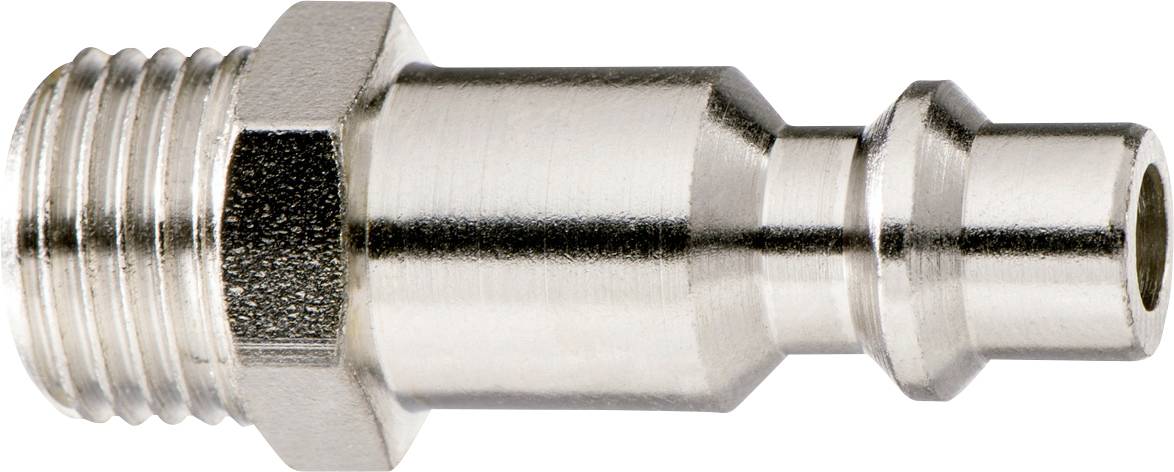 Nahaufnahme eines Metall-Pneumatik-Schnellverbindungssteckers mit Gewindelende und Sechskantmutter auf weißem Hintergrund.