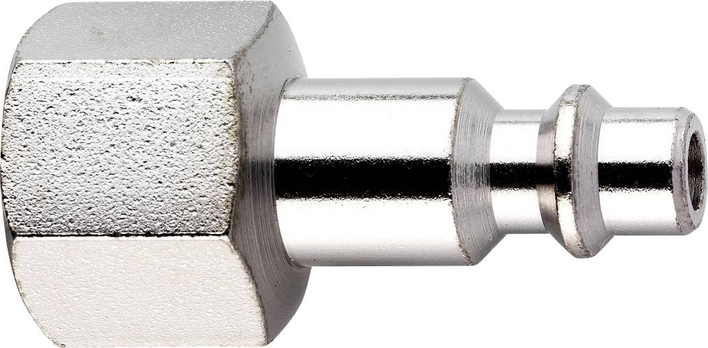 Nahaufnahme eines glänzenden Metallschlauchverbinderndes mit sechskantiger Grundfläche und stufenförmiger Zylinderdüse auf weißem Hintergrund.