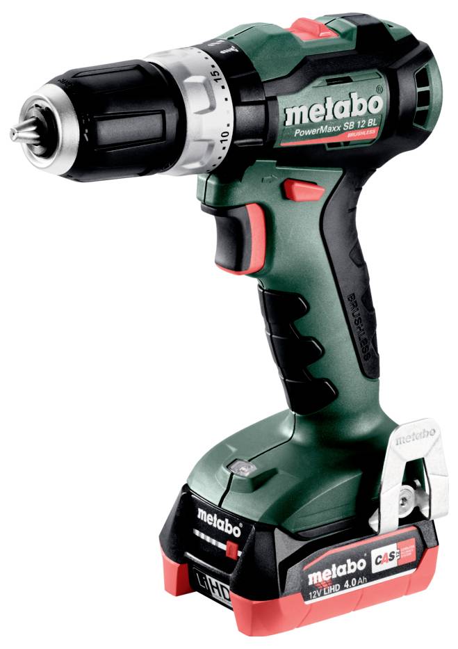Akku-Bohrschrauber mit einem grün-schwarzen Design, gekennzeichnet als 'metabo PowerMaxx SB 12 BL'. Ausgestattet mit einem 12V-Akku.