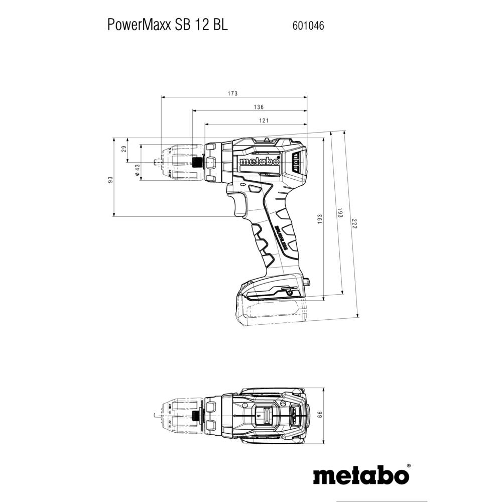 Bauplan eines Metabo PowerMaxx SB 12 BL Akkuschraubers, Vorder- und Seitenansicht mit markierten Abmessungen. Modellnummer 601046.