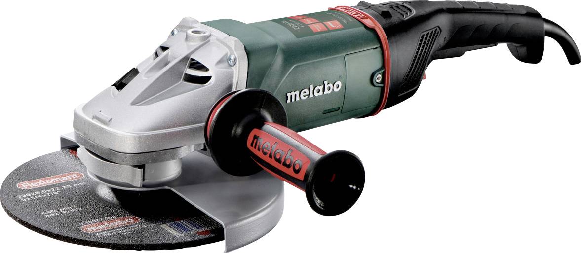 Metabo-Elektroschleiffer mit Netzkabel, Seitenhgriff und Trennscheibe, auf weißem Hintergrund dargestellt.