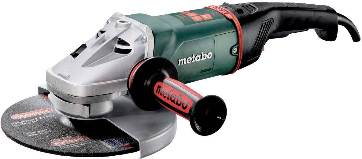 Elektrischer Winkelschleifer mit rotem und schwarzem Griff, Metabo-Branding, dicke Schleifscheibe, geeignet für Metallbearbeitung.
