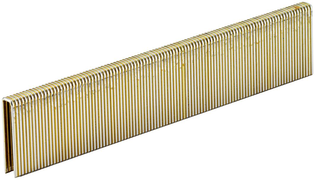 Eine Reihe von goldfarbenen Heftklammern, dicht aufgereiht und in seitlicher Ansicht gezeigt.