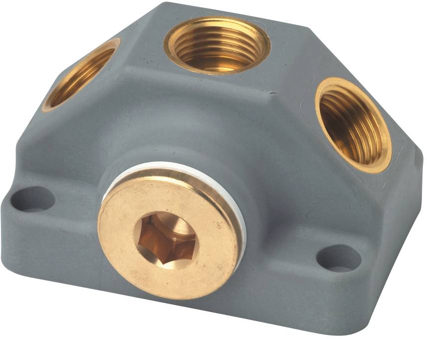 Ein sechseckiger Gegenstand mit mehreren Gewindeöffnungen und einem zentralen bronzefarbenen Bereich; möglicherweise ein Ventilblock.