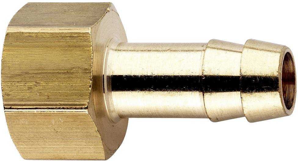 Ein goldfarbener Messing-Schlauchanschluss mit sechseckiger Mutter und glattem, gerilltem Ende für den Anschluss an Schläuche.