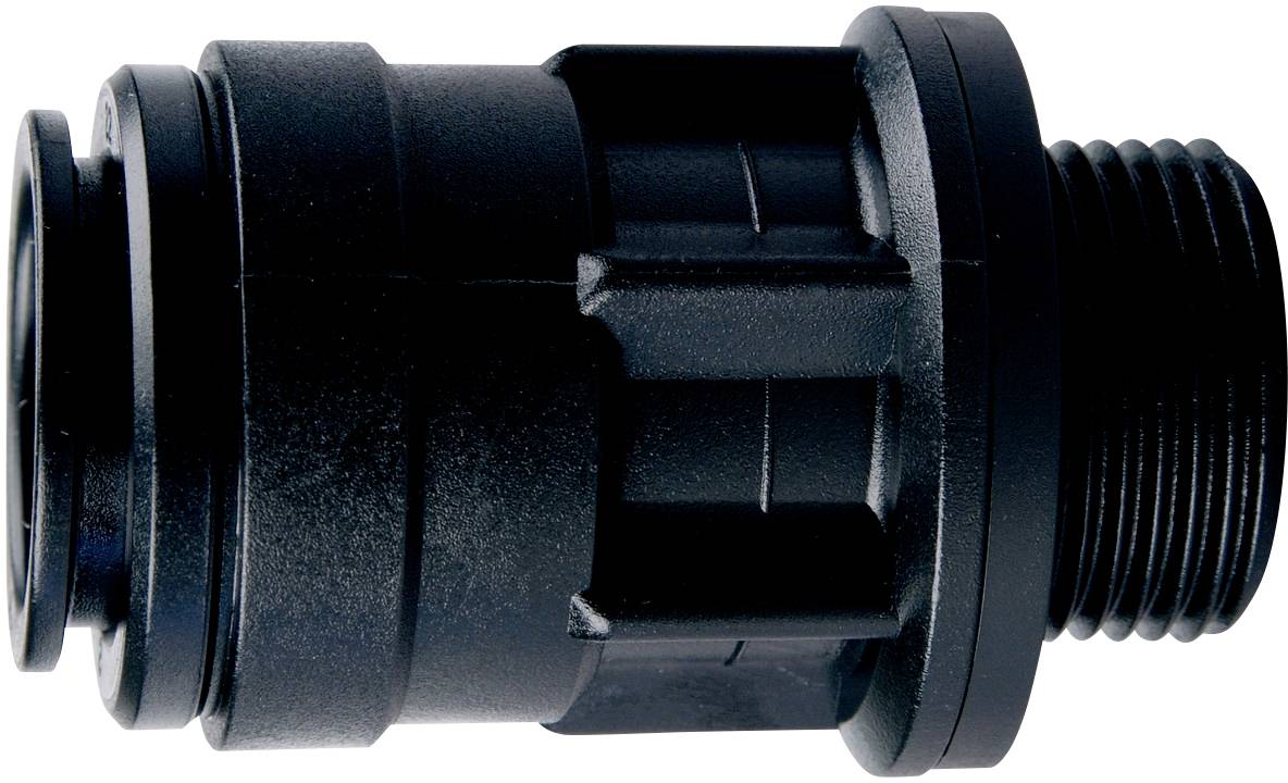 Schwarzer Kunststoffadapter mit gezahnter Oberfläche und Gewinde, verwendet zur Verbindung von Rohren oder Schläuchen.