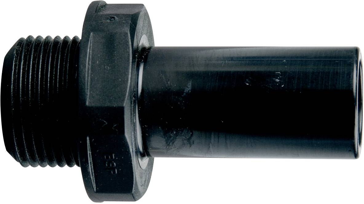 Ein schwarzer Kunststoffadapter mit einem Innengewinde auf der linken Seite und einem glatten zylindrischen Ende rechts.