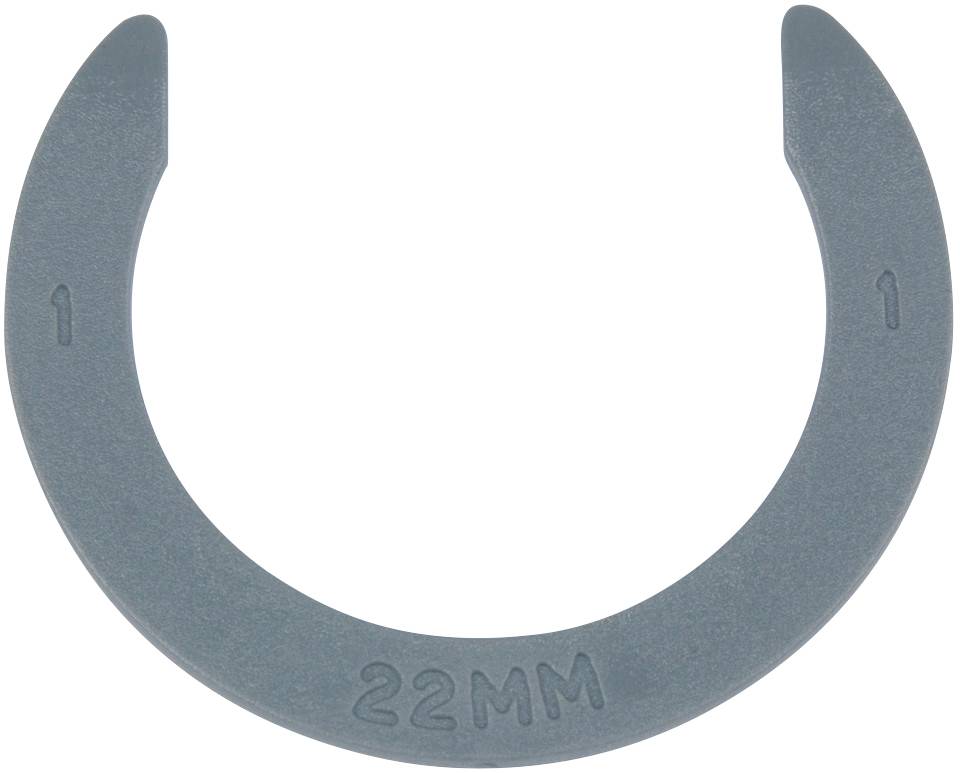 Ein dunkelgrauer Kunststoffclip in Hufeisenform mit der Aufschrift '22MM', verwendet zur Fixierung von Schläuchen oder Kabeln.