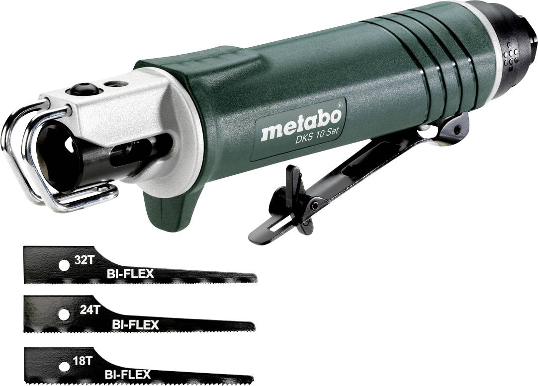 Metabo DKS 10 Set Akku-Säbelsäge mit drei Bi-Flex Sägeblättern beschriftet 32T, 24T und 18T.