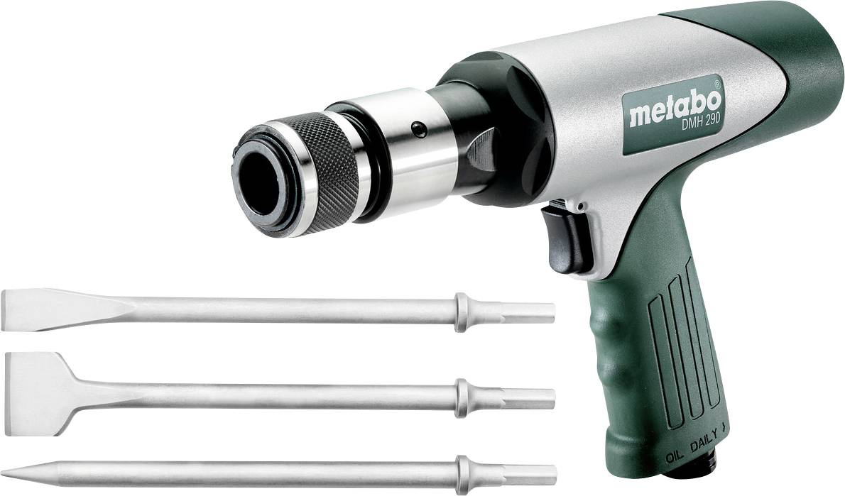 Pneumatischer tragbarer Abbruchhammer mit drei austauschbaren Meißelbits daneben, gekennzeichnet mit Metabo DMH 290.