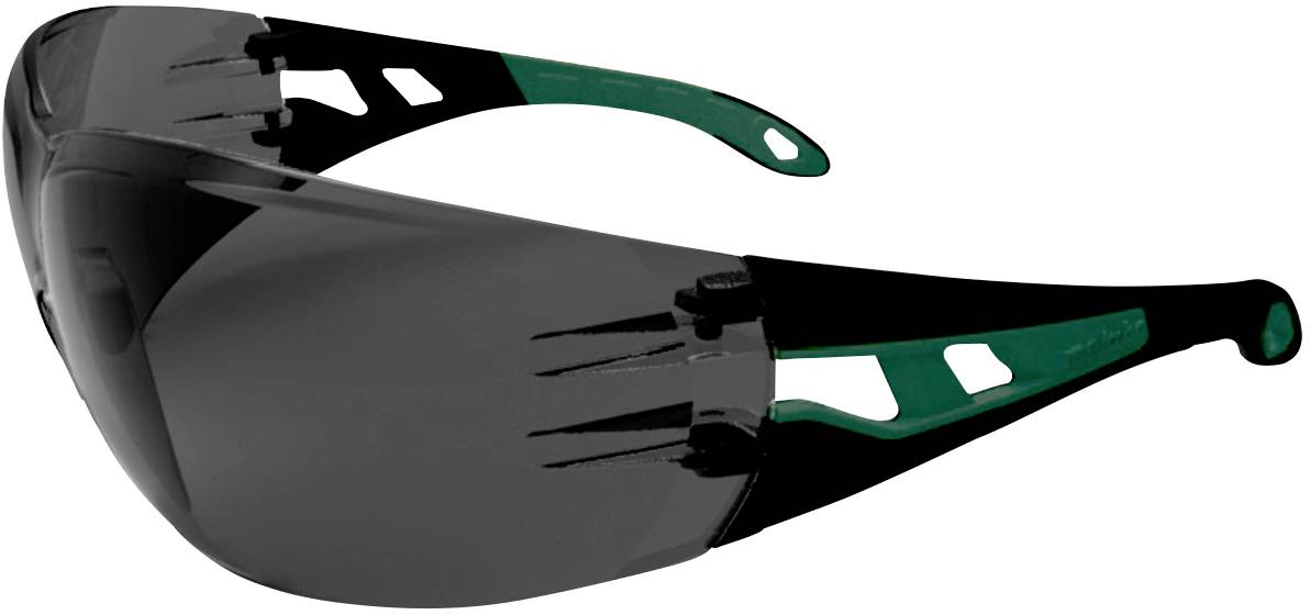 Schwarze Schutzbrille mit grün-schwarzen Bügeln, geeignet für Arbeiten in Umgebungen mit hellem Licht oder mechanischen Gefahren.