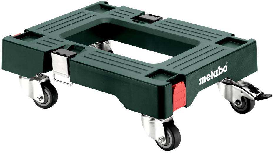 Grüner Metabo-Rollwerkzeugständer mit vier Lenkrollen und einer zentralen Öffnung zur Unterstützung oder zum Transportieren eines tragbaren Werkzeugs.
