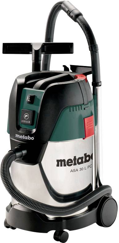 Nass-Trockensauger von Metabo, Modell ASA 30 L PC, mit robustem Gehäuse und Rädern, geeignet für industrielle und private Reinigungen.