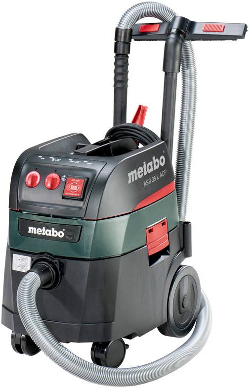 Tragbarer Metabo-Staubsauger mit Schlauch, großen Rädern und angebrachtem Griff zur Werkstattreinigung.