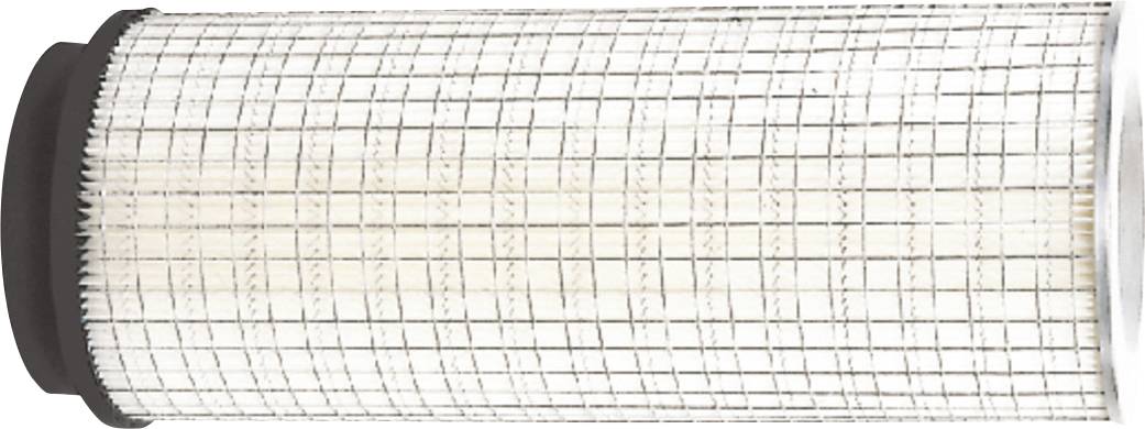 Zylindrischer Faltenluftfilter mit metallischem Mesh-Außengitter und schwarzer Gummiendkappe, dargestellt auf weißem Hintergrund.
