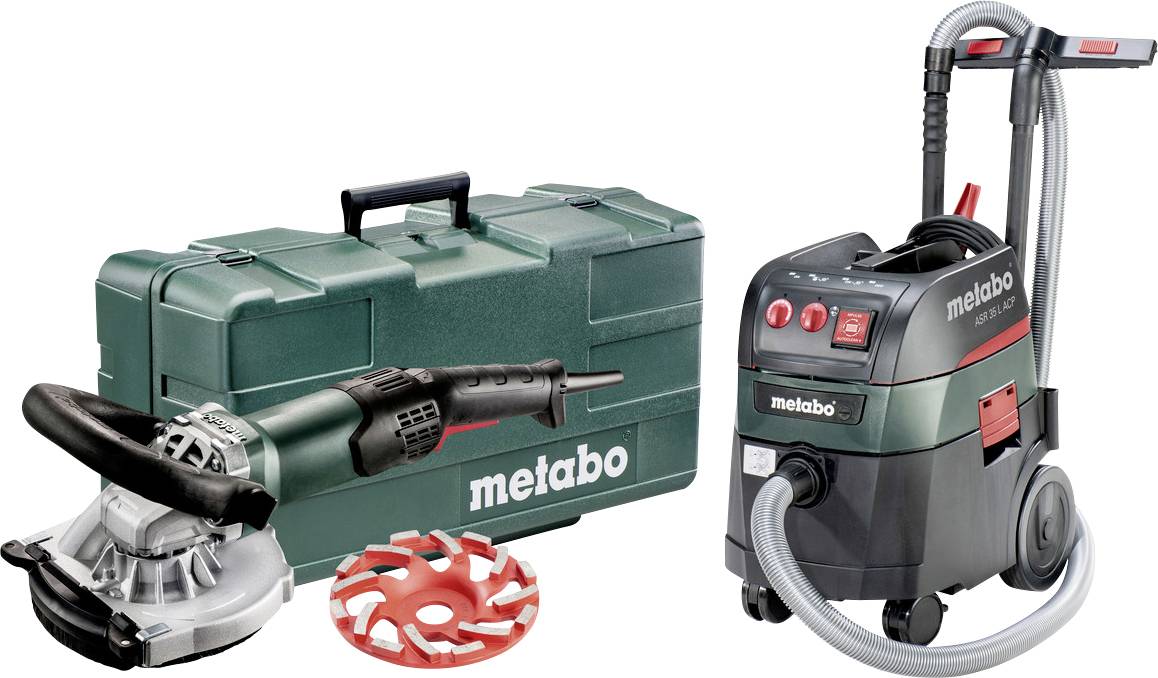 Metabo Elektrowerkzeug-Set: Winkelschleifer mit Trennscheibe, Absauganlage mit Staubfilter und grüner Transportkoffer auf weißem Hintergrund.