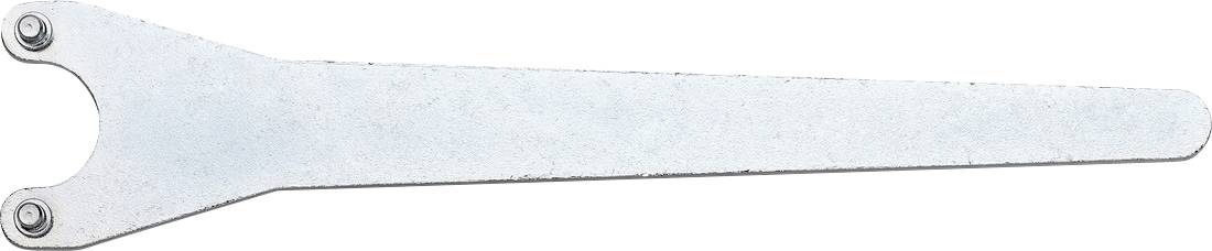 Ein metallenes schraubenschlüsselartiges Handwerkzeug mit einem U-förmigen offenen Ende auf der linken Seite und einem langen, schmalen Griff, der sich nach rechts erstreckt.