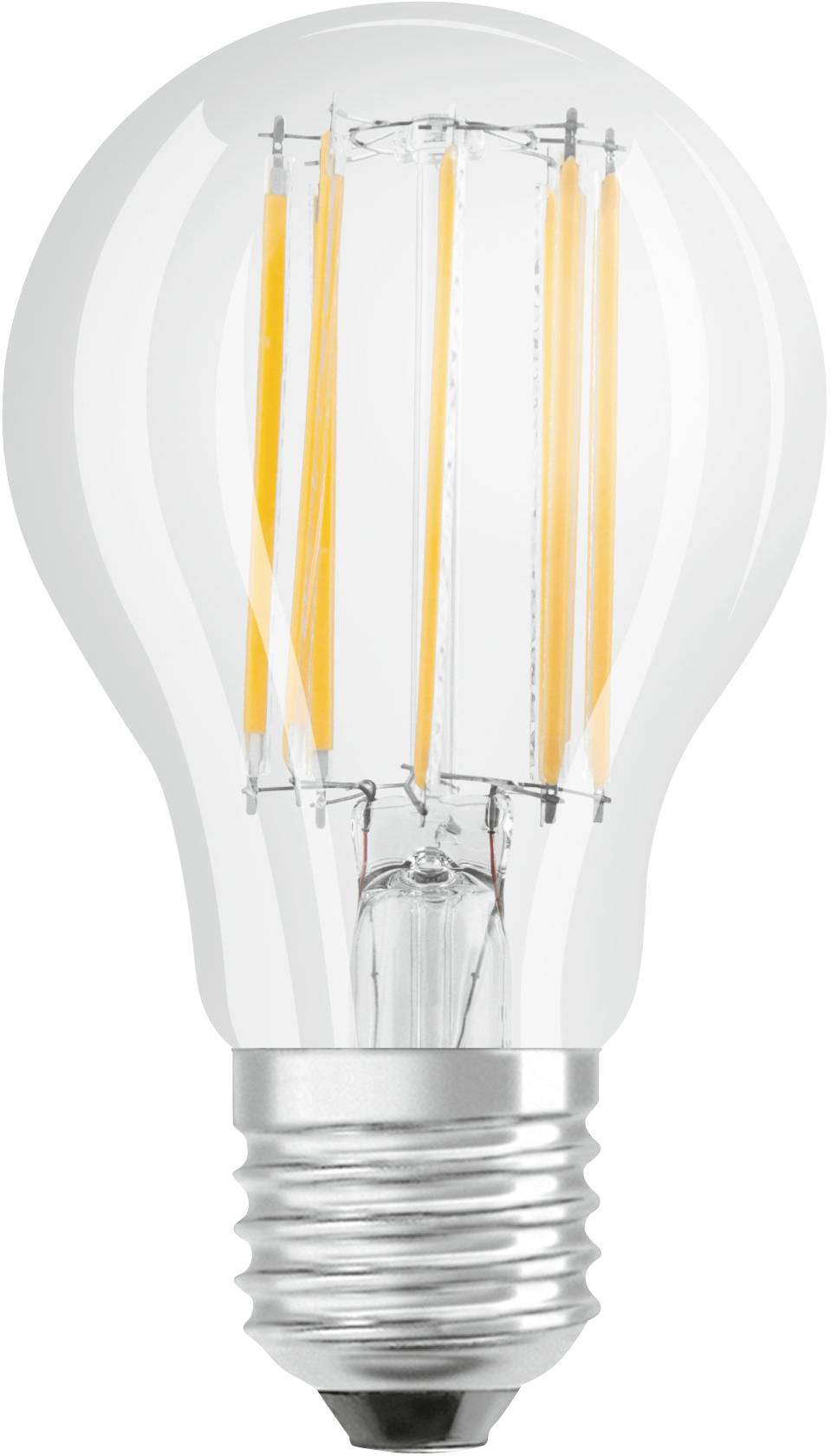 Eine klare Glühbirne mit sichtbaren Filamenten, die modernem Design entspricht und auf Energieeffizienz hinweist.