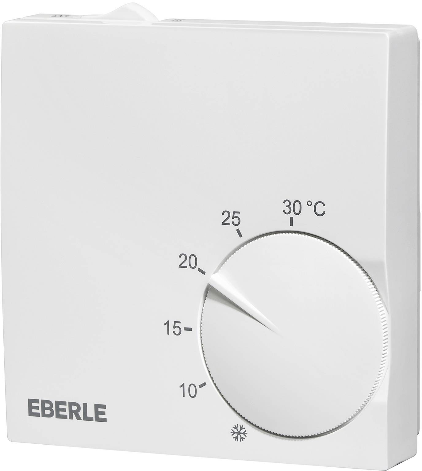 Ein weißer Raumthermostat mit einem Drehknopf, der von 10 bis 30 Grad Celsius reicht. 'EBERLE' steht in der unteren Ecke.