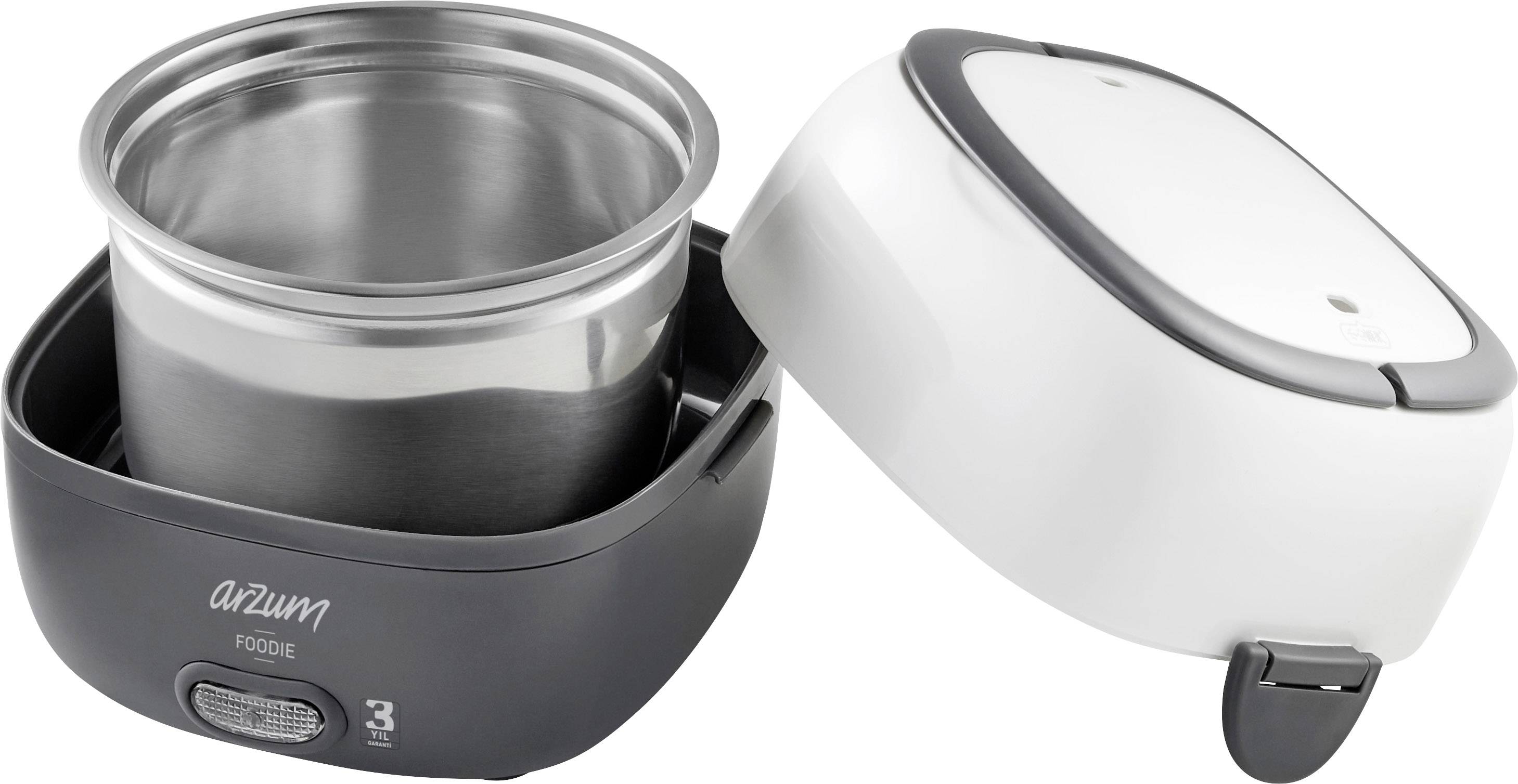 Elektrische Lunchbox mit silbernem Innenbehälter und abnehmbarem Deckel, geeignet zum Erwärmen von Speisen.