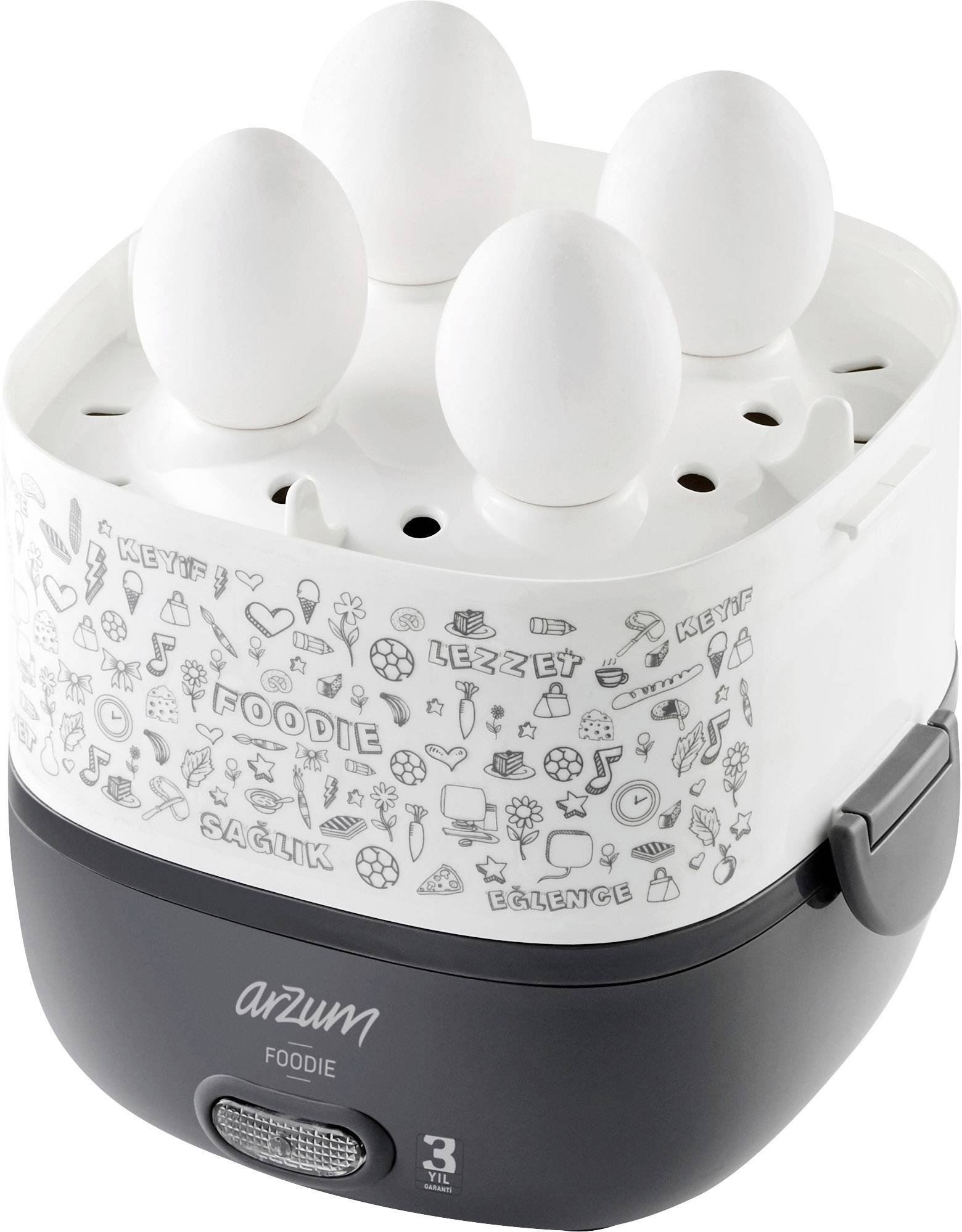 Ein Eierkocher mit Platz für vier Eier. Der Behälter hat ein dekoratives Muster und die Marke 'Arzum Foodie' ist sichtbar.