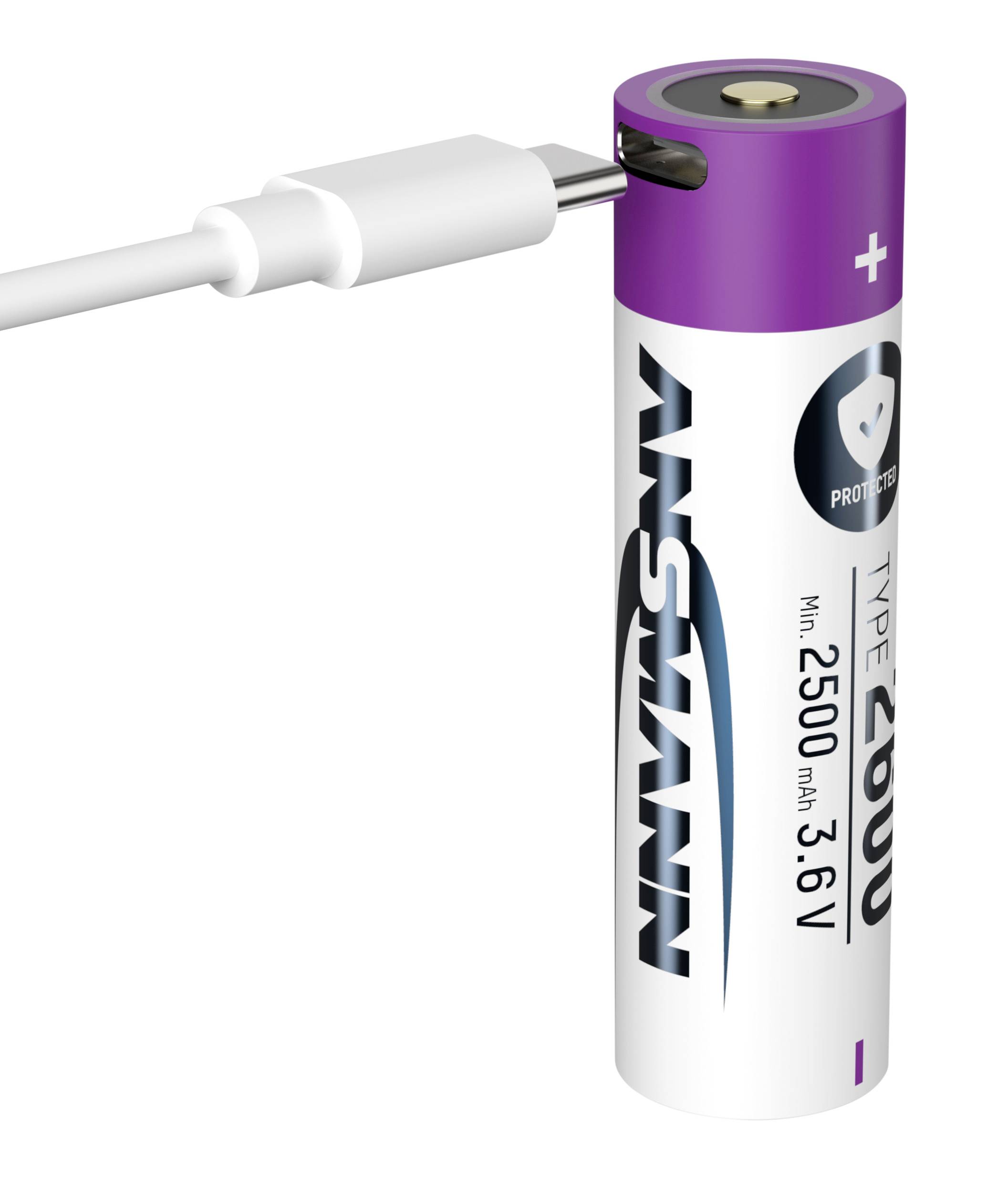 Wiederaufladbare Batterie der Marke Ansmann mit USB-C-Anschluss, lila Oberteil, Typ 2600, 2500 mAh, 3,6 V.
