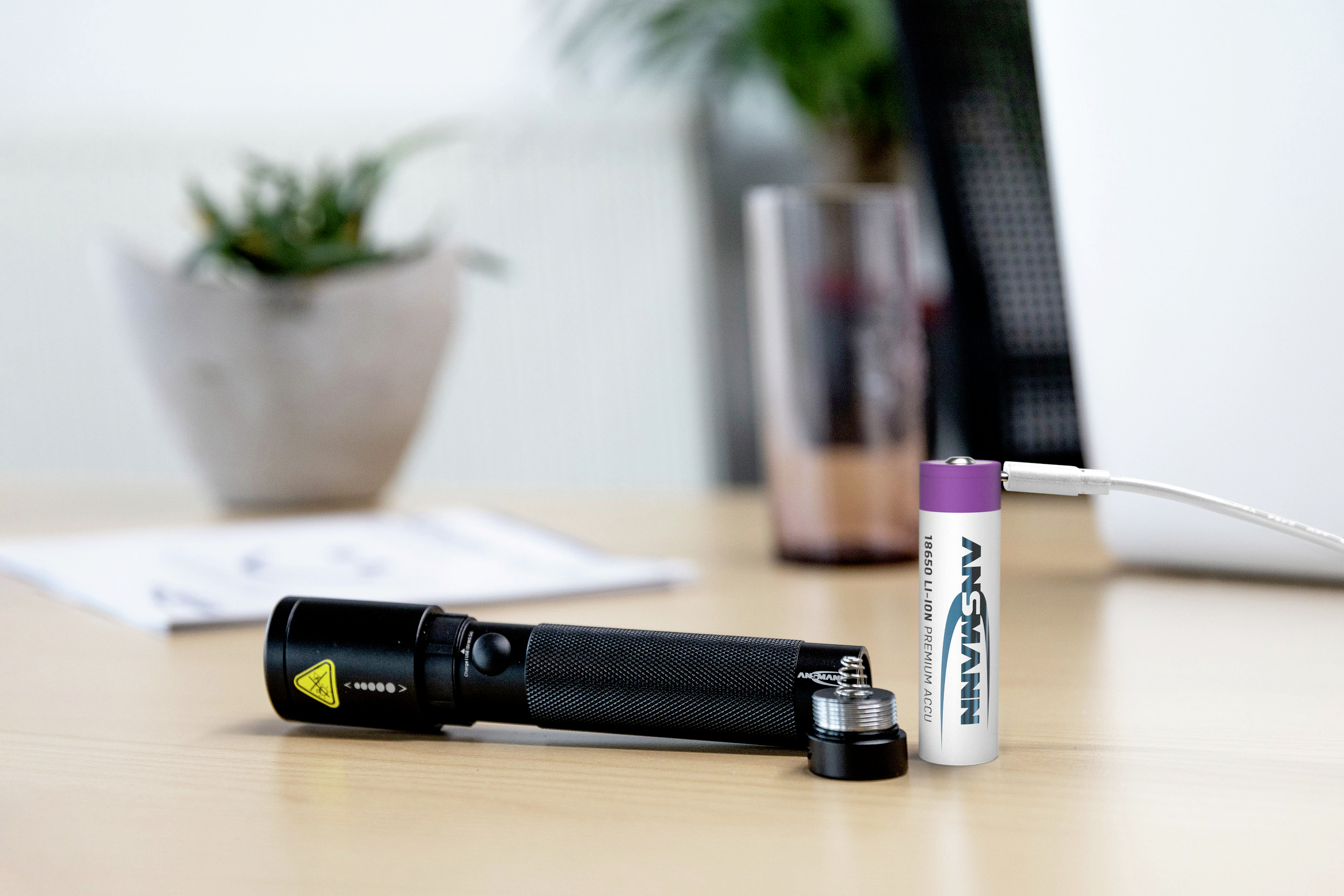 Eine schwarze Taschenlampe liegt geöffnet auf einem Tisch. Neben ihr steht eine weiße Batterie. Im Hintergrund unscharf ist ein Topfpflanze.