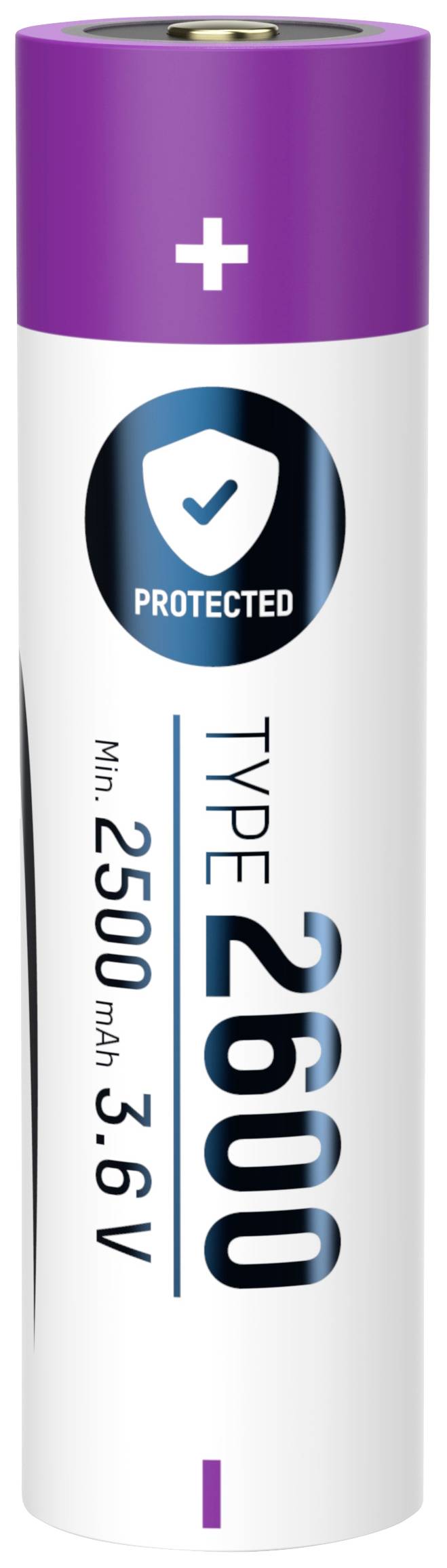 Lila-weiße Batterie mit Aufschrift 'Type 2600', '2500 mAh', '3.6V', und Symbol für Schutz.