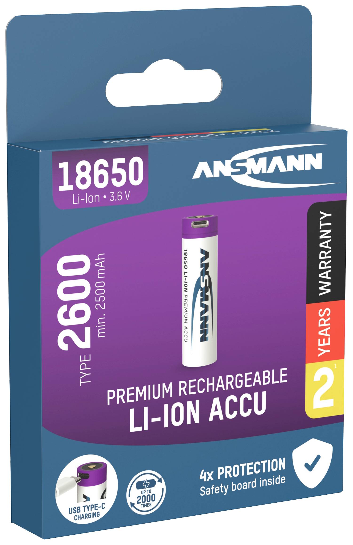 Wiederaufladbare Li-Ion-Batterie '18650, 2600 mAh' von Ansmann. Verpackung zeigt Garantie, Schutzfeatures, und USB-C-Ladeoption.