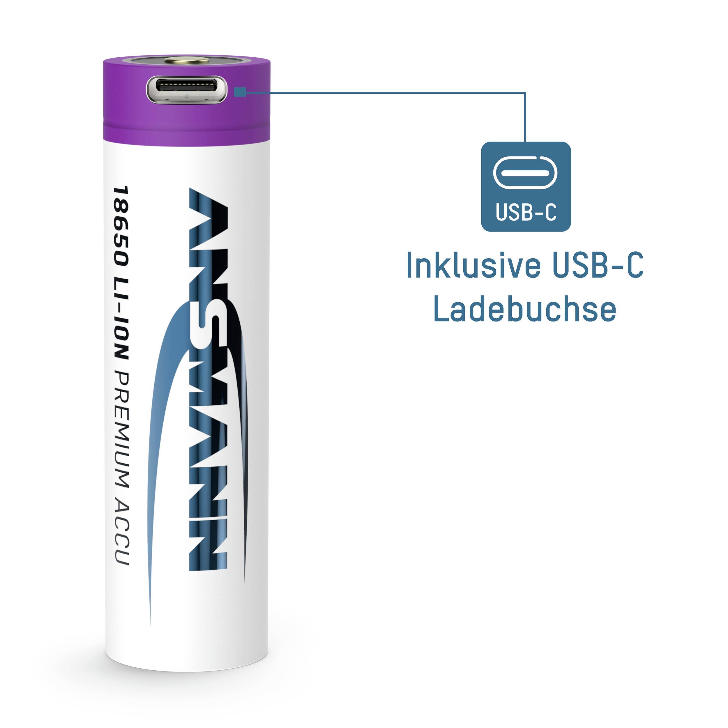 '18650 Li-Ion Akku mit USB-C Ladebuchse' ist auf dem Akku aufgedruckt. Ein Diagramm zeigt die USB-C Ladebuchse und den Text 'Inklusive USB-C Ladebuchse'.