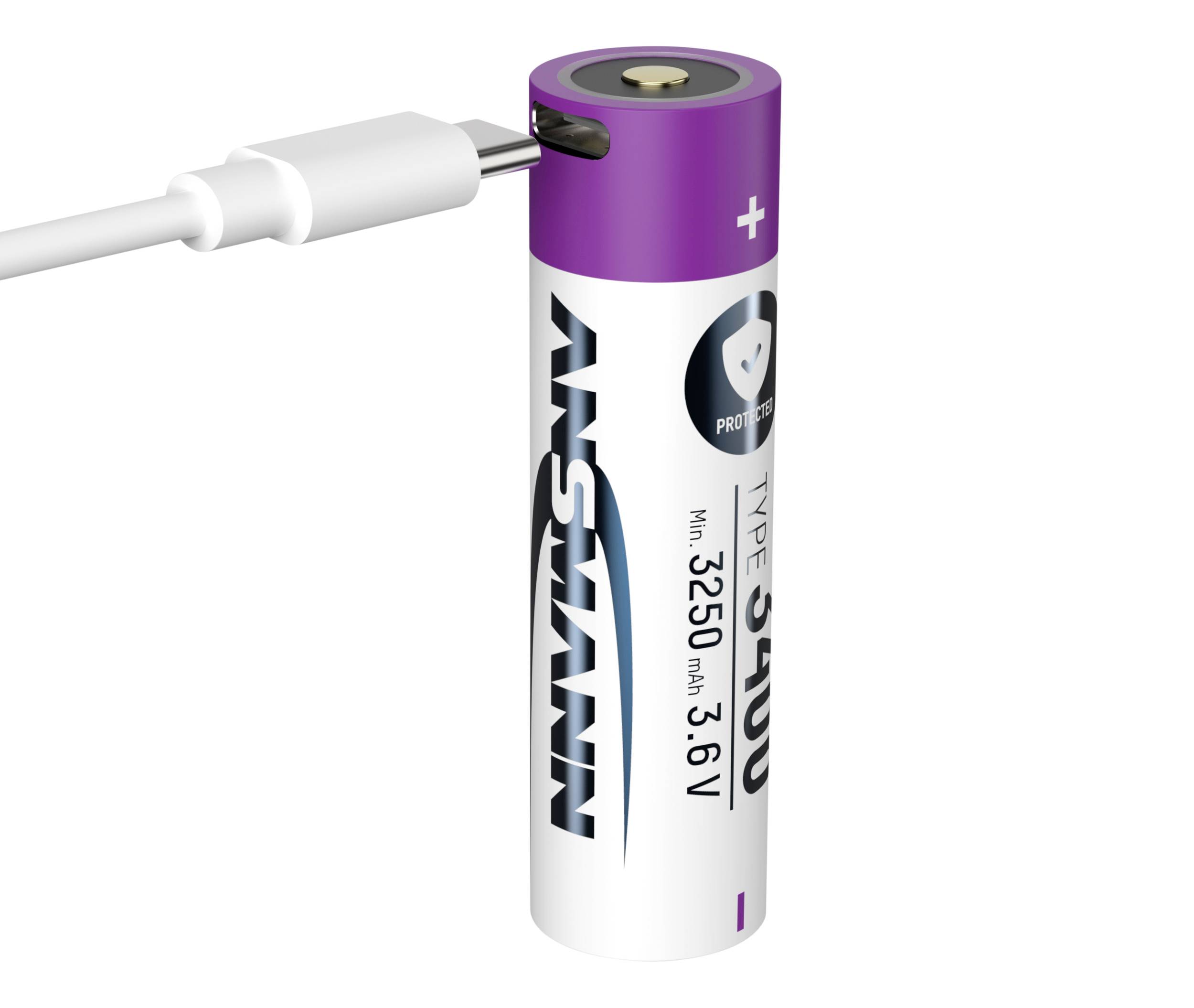 Ein lila-weißer Akku vom Typ 18650 mit USB-C-Anschluss, Ladeanzeige und Kapazität von 3250 mAh bei 3,6 V.