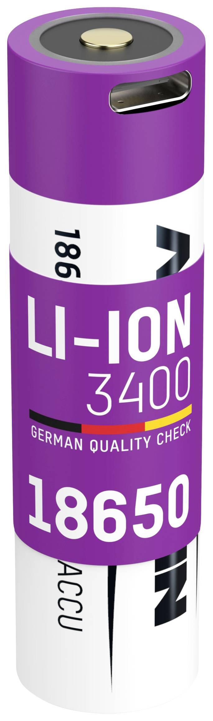 Lila-weiße Lithium-Ionen-Batterie, 18650-Format, 3400 mAh, mit Aufschrift 'German Quality Check'.