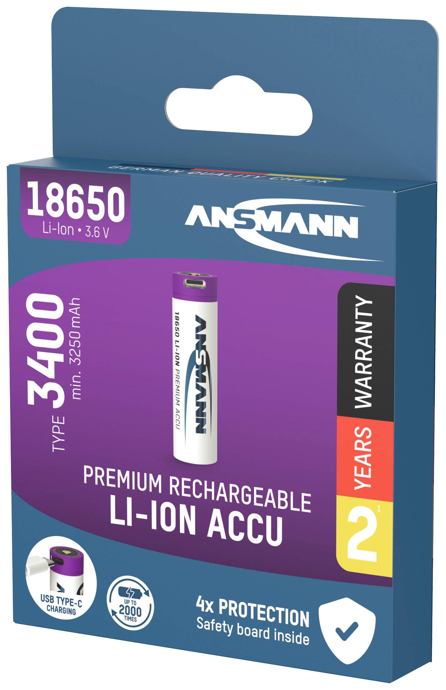 'ANSMANN 18650 Akku, 3,6V, 3400mAh, 2 Jahre Garantie' Verpackung. Enthält wiederaufladbaren Li-Ion Akku mit Schutzschaltung.