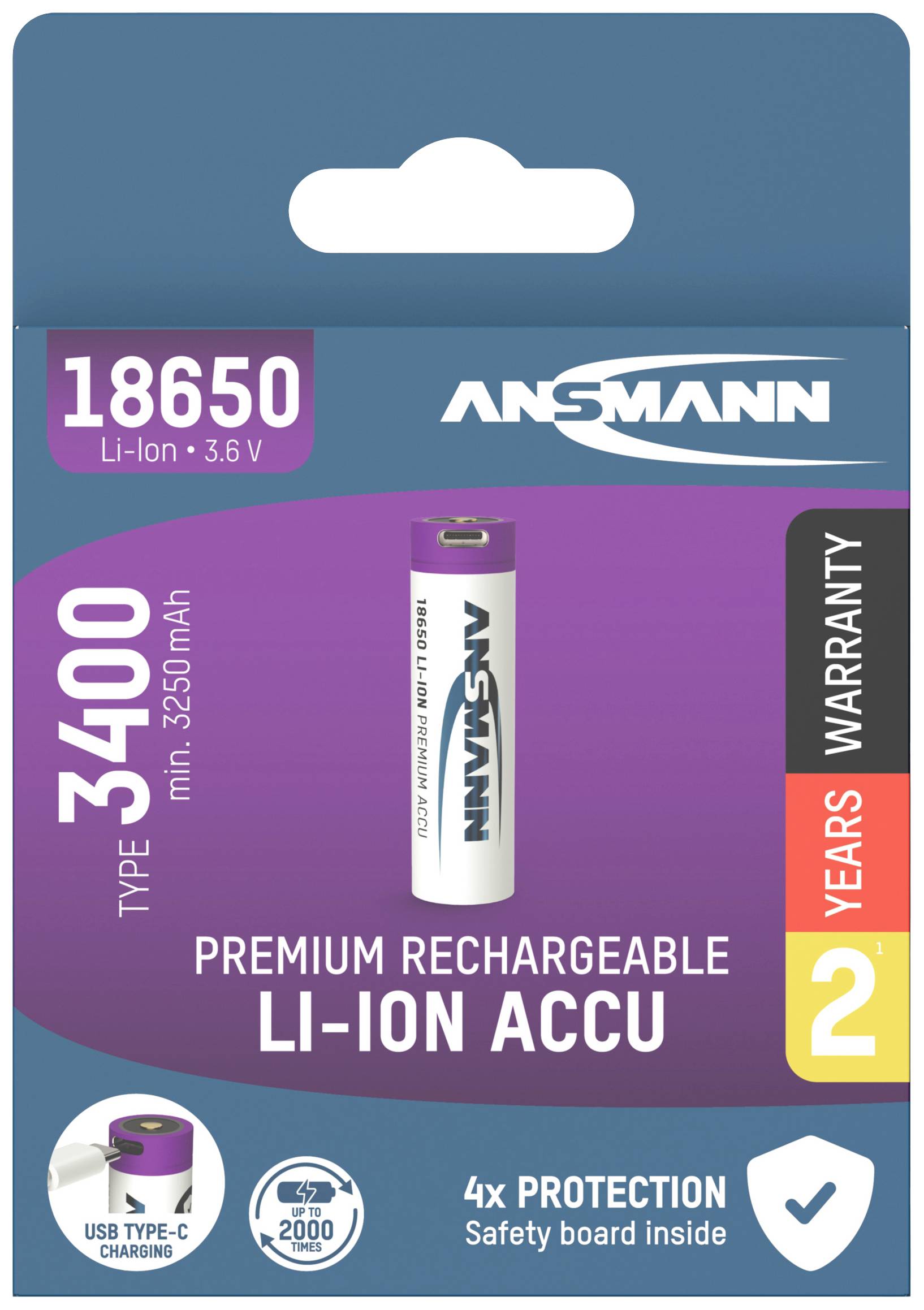 Ansmann 18650 Li-Ion Akku, Typ 3400, 3,6 V, USB-C Ladefunktion, 2 Jahre Garantie, Sicherheitsplatine integriert, bis zu 2000 Ladezyklen.