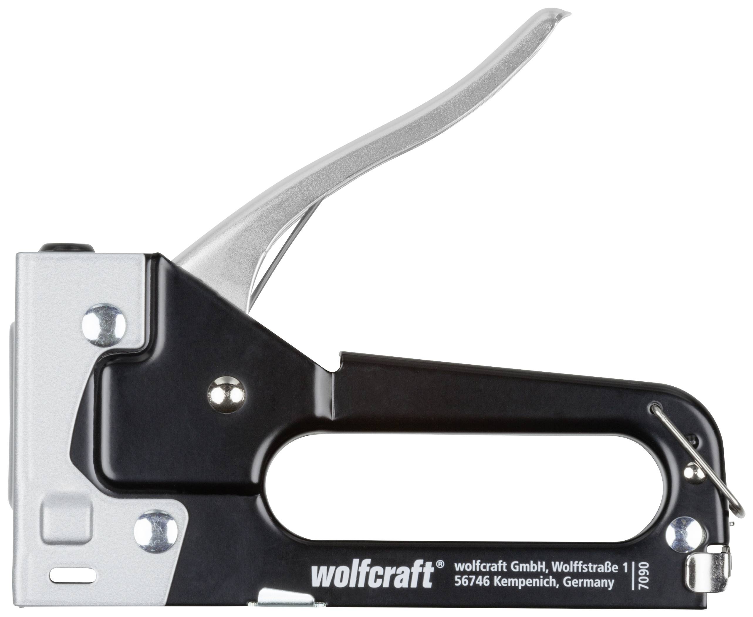 Ein silberner und schwarzer Handtacker von wolfcraft, Modellnummer 7050, geeignet für verschiedene Tackerklammern.