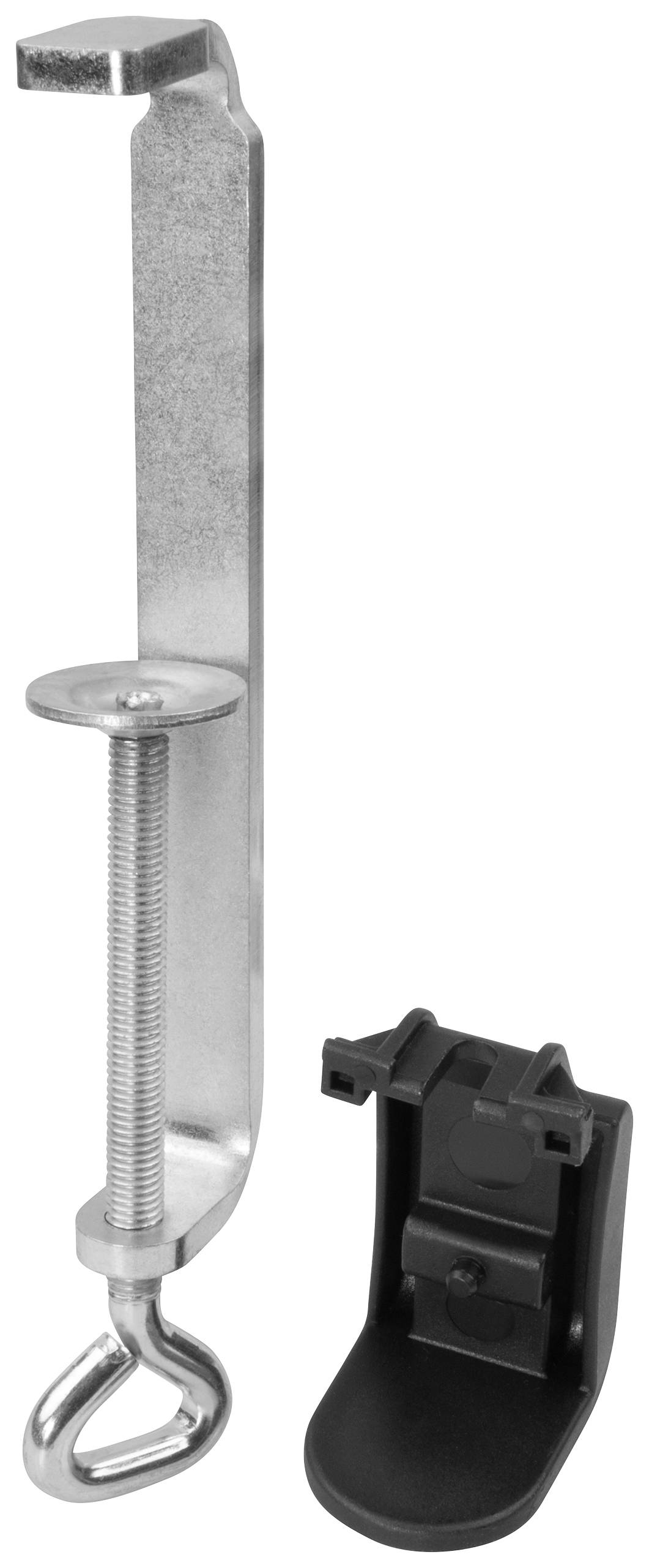 Metallische Halterung mit Schraubmechanismus und Kunststoffteil. Wird zur sicheren Befestigung von Gegenständen an Möbeln verwendet.